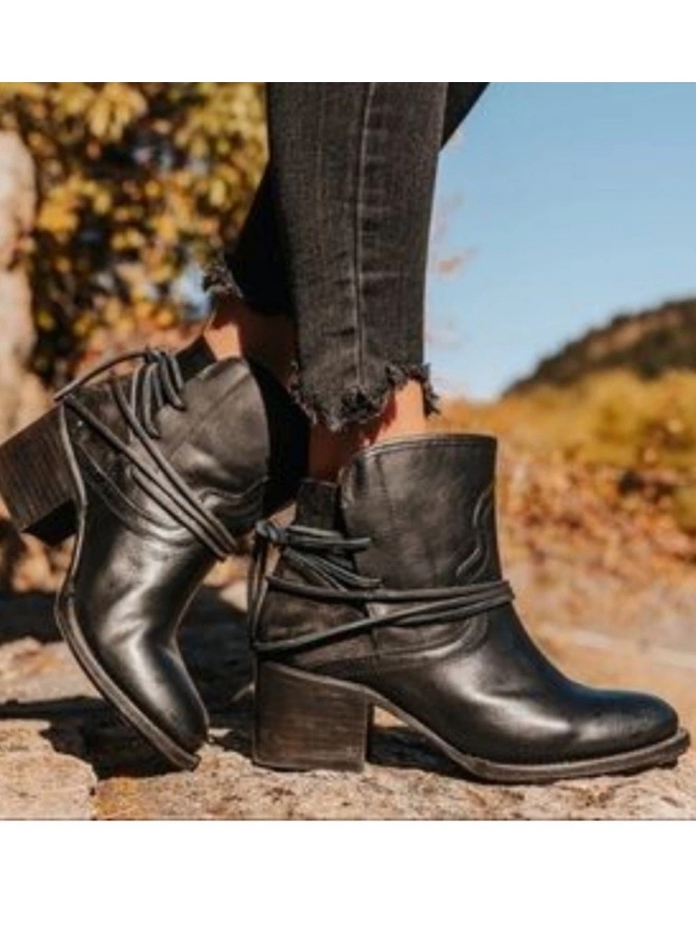 Freebird by Steven Casey Black Laced Ankle Strap Booties Boho Festival Sz 8